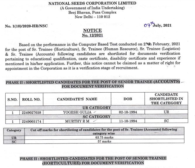 NSCL Trainee Result 2021