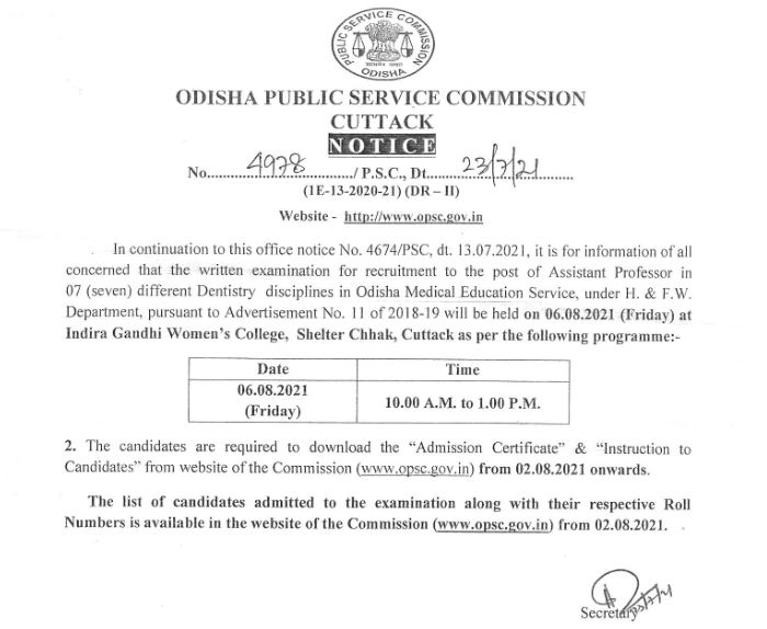 OPSC Assistant Professor Exam Date 2021