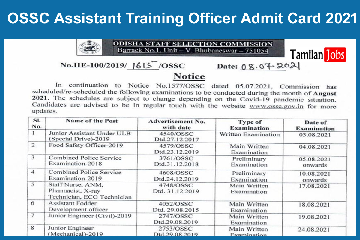 OSSC Assistant Training Officer Admit Card 2021