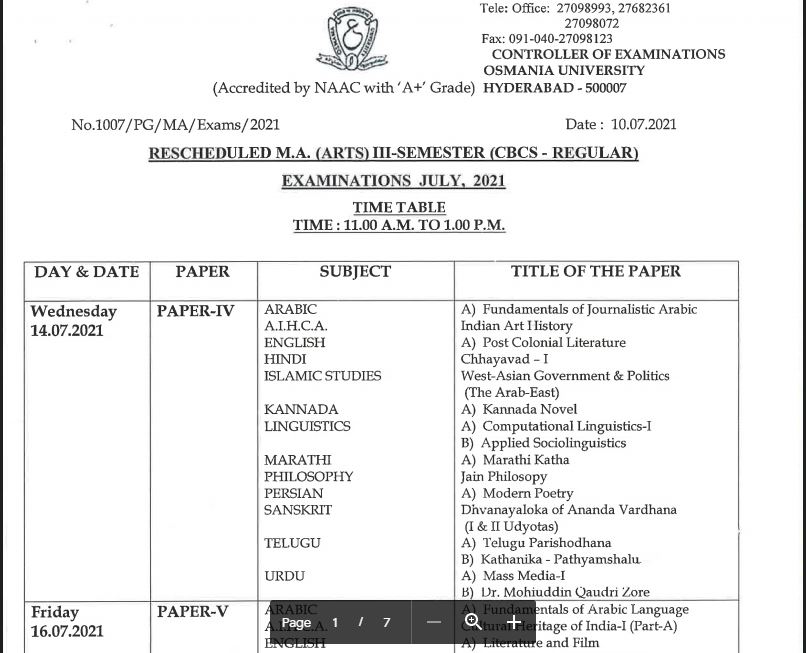 OU Degree Exam Time Table 2021