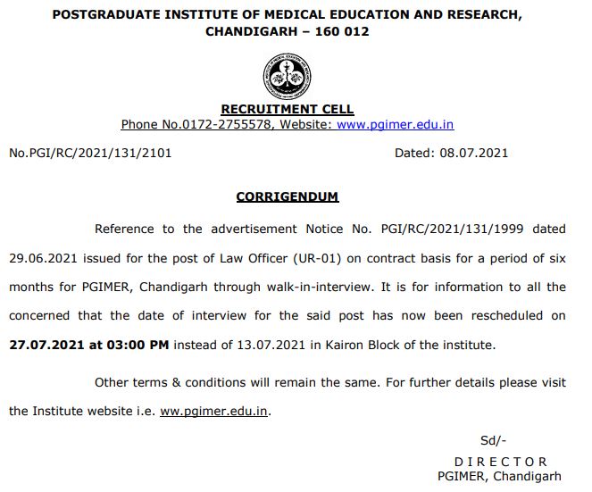 PGIMER Revised Interview Date 2021