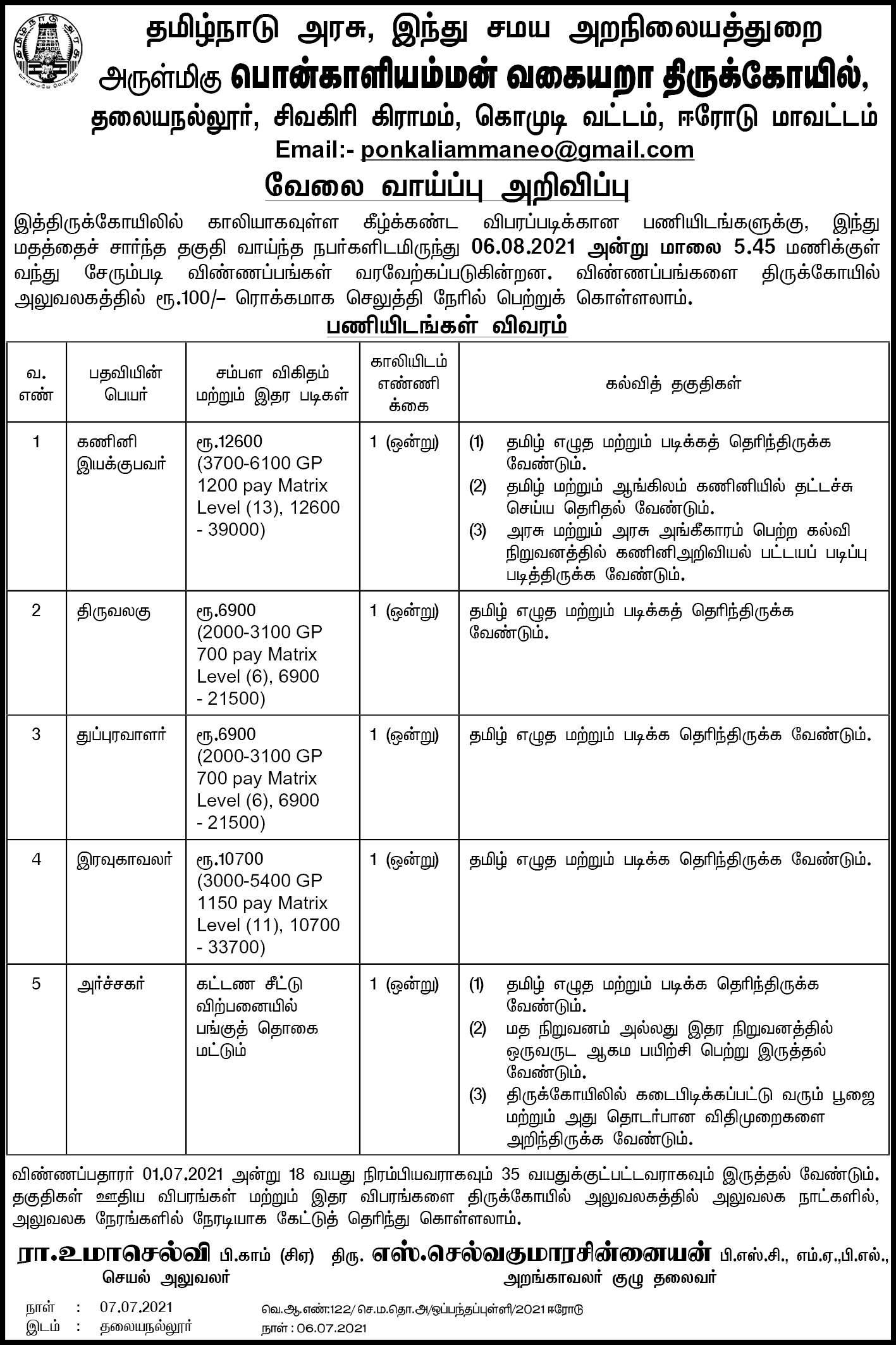 TNHRCE Ponkaliamman Temple Recruitment 2021