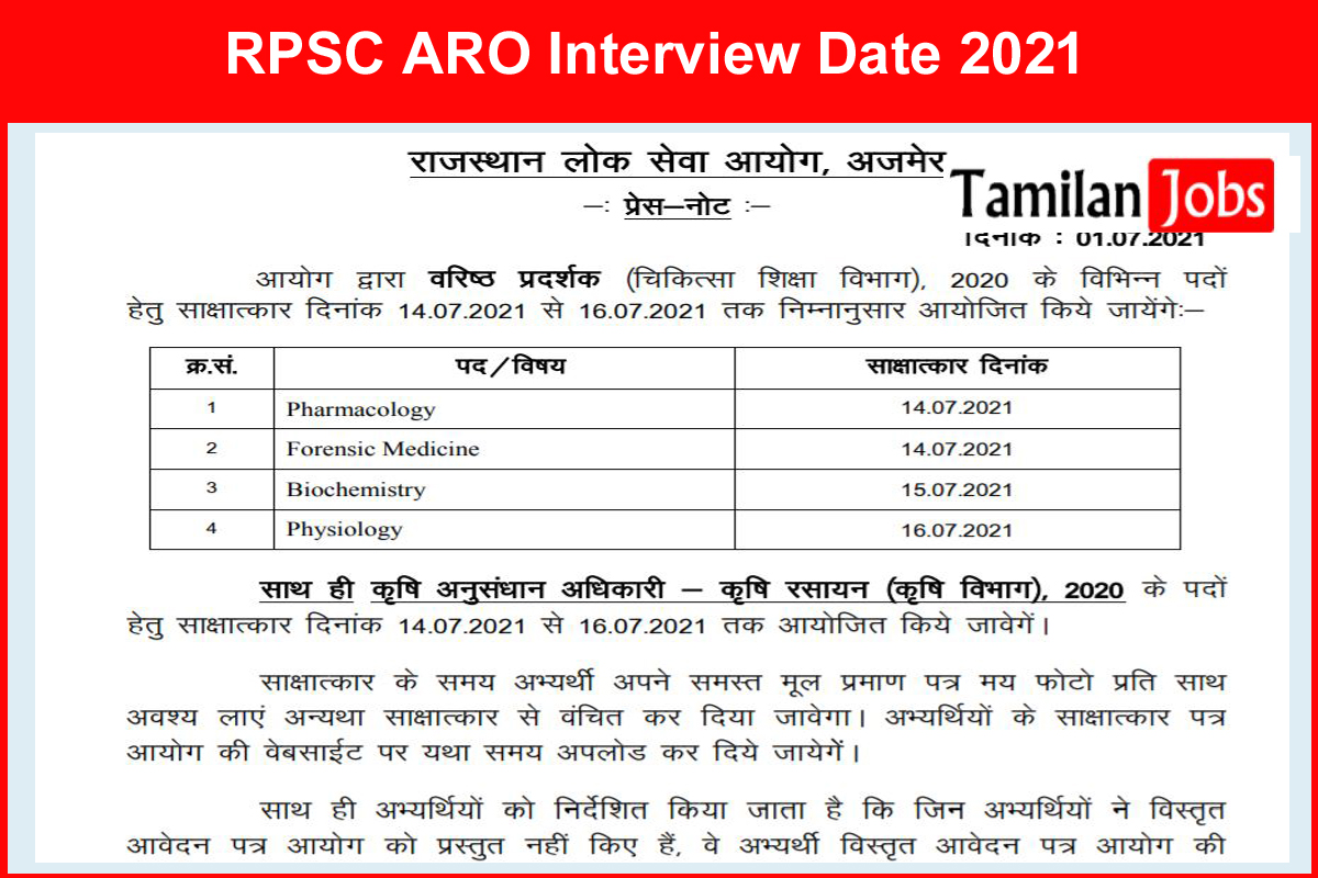 RPSC ARO Interview Date 2021
