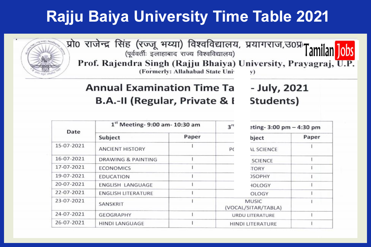 Rajju Baiya University Time Table 2021