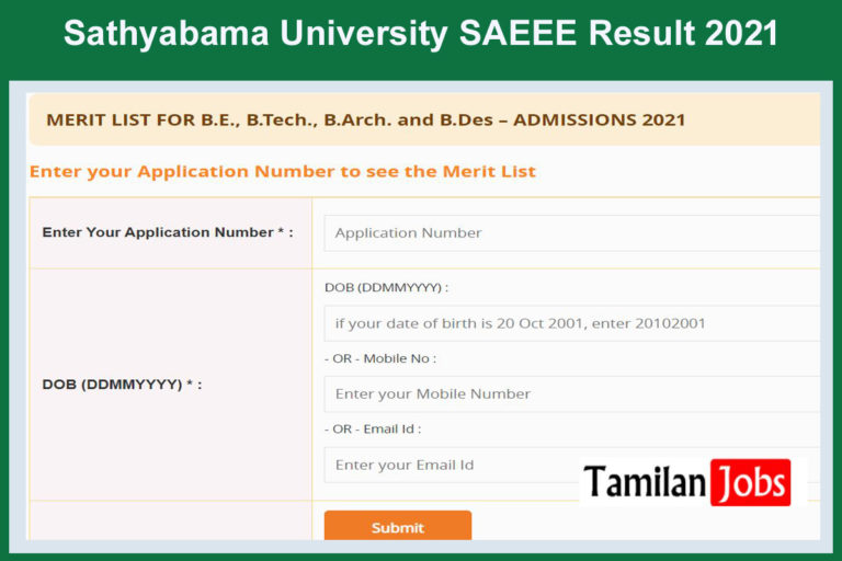 Sathyabama University SAEEE Result 2021
