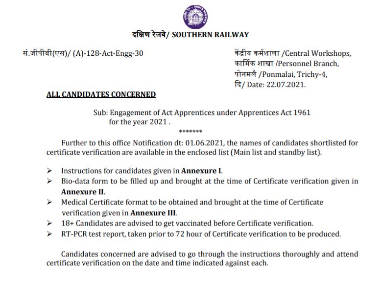 Southern Railway Apprentice Result 2021