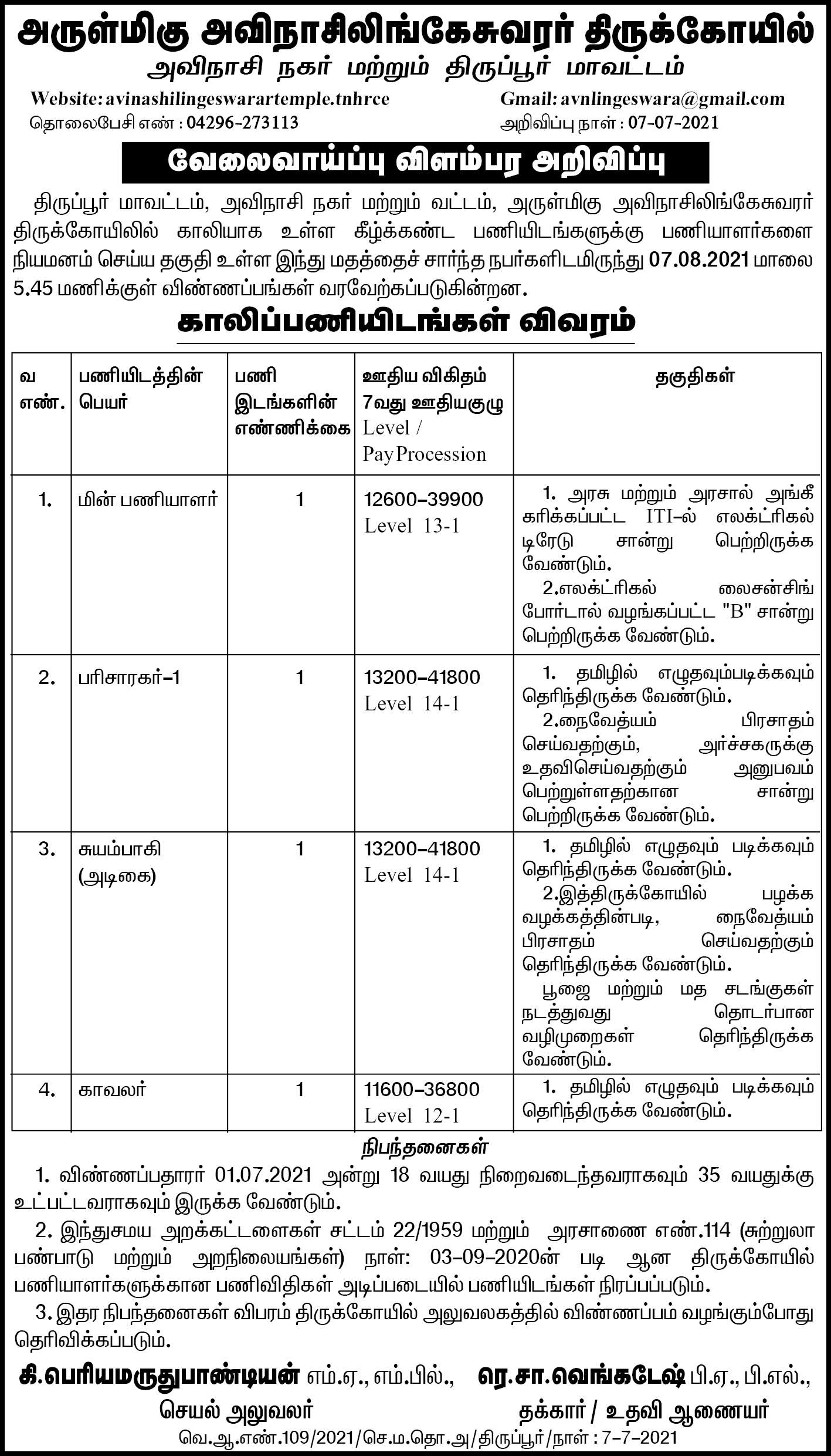 TNHRC Avinashi Lingeshwarar Temple Recruitment 2021