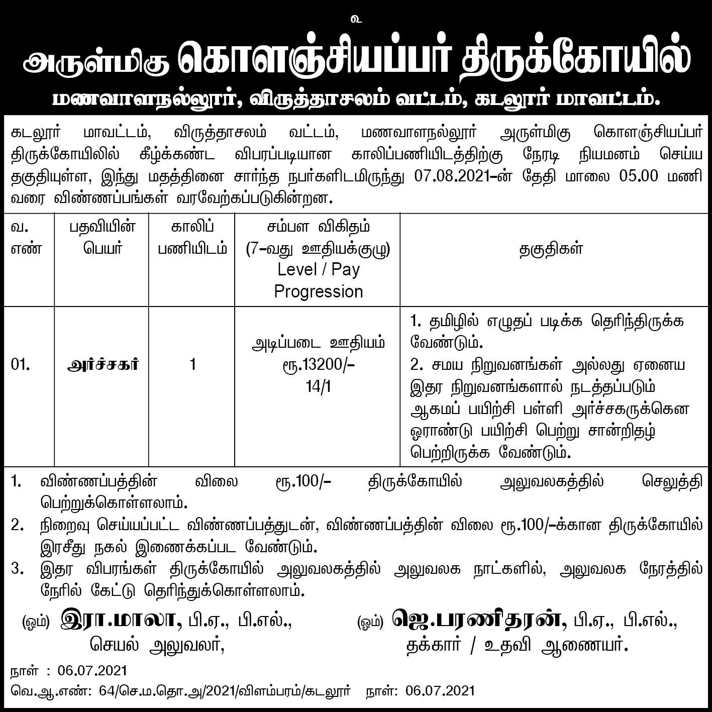 TNHRC Kolanjiappar Temple Recruitment 2021