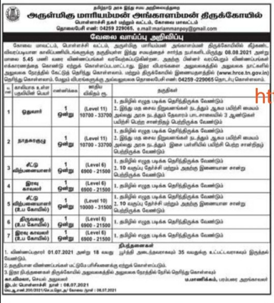 TNHRCE Angalamman Temple Recruitment 2021