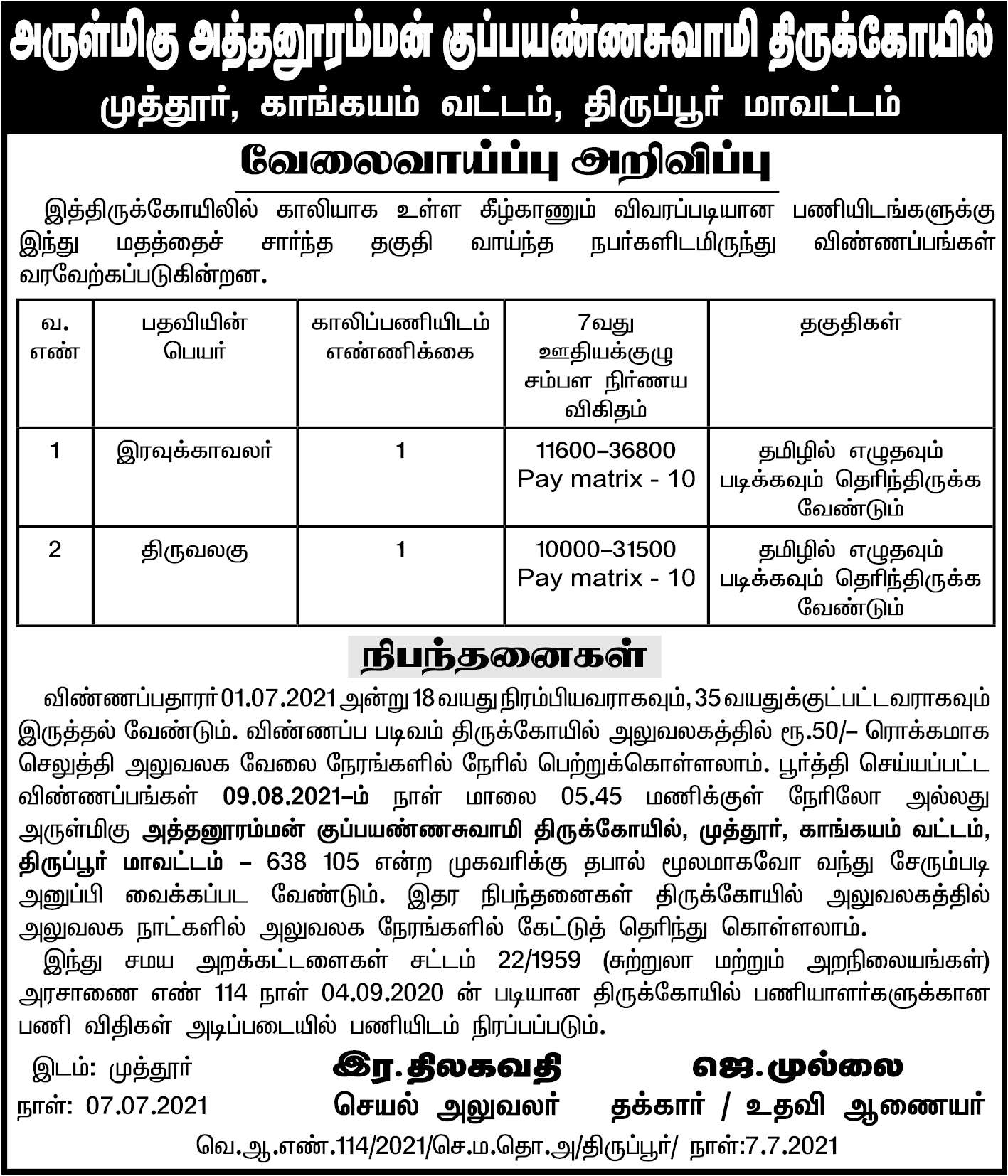 TNHRCE Athanuraman Kuppayannaswamy Temple Recruitment 2021