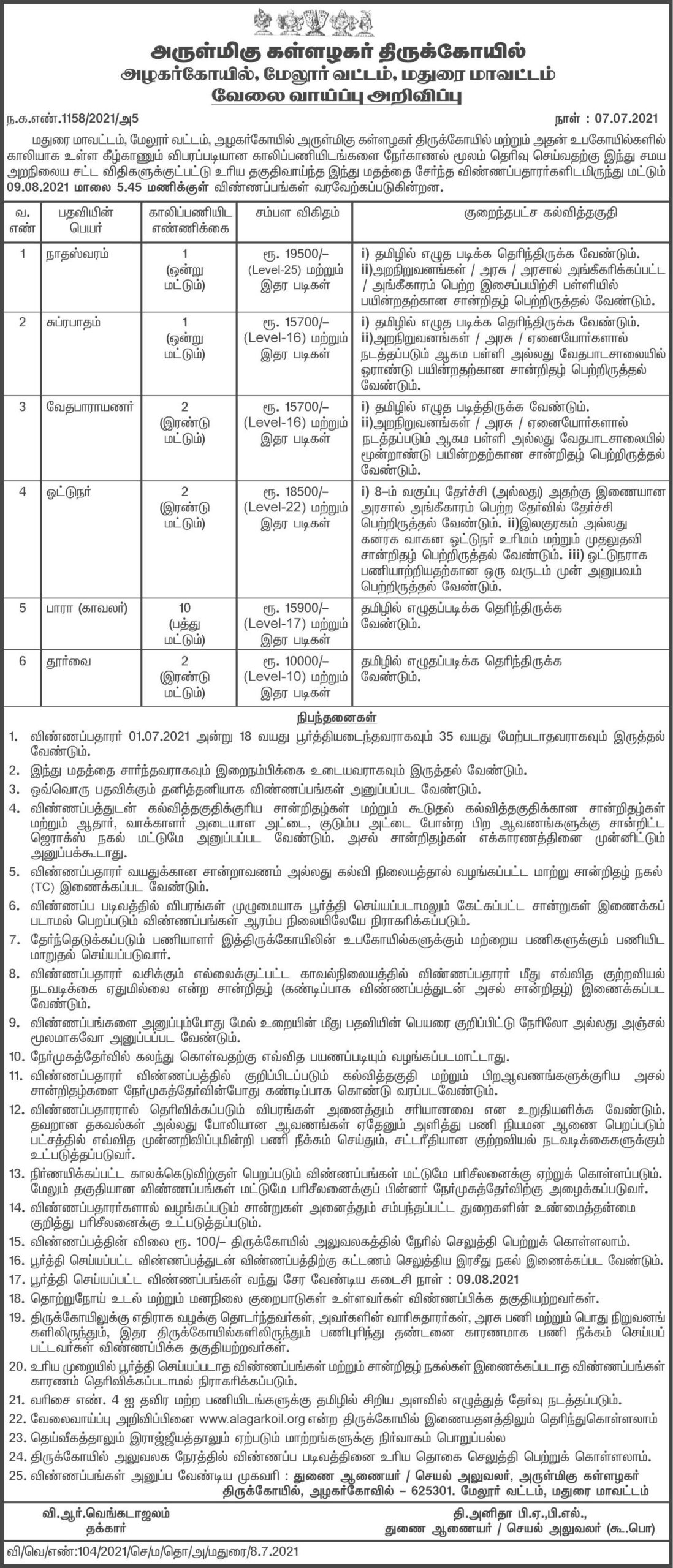 TNHRCE Kallalagar Temple Recruitment 2021