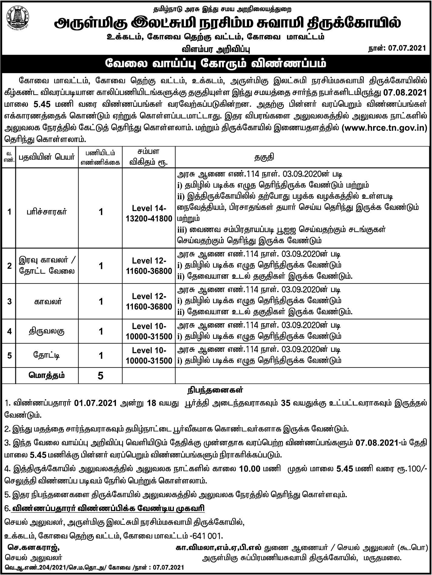 TNHRCE Lakshmi Narasimha Temple Recruitment 2021