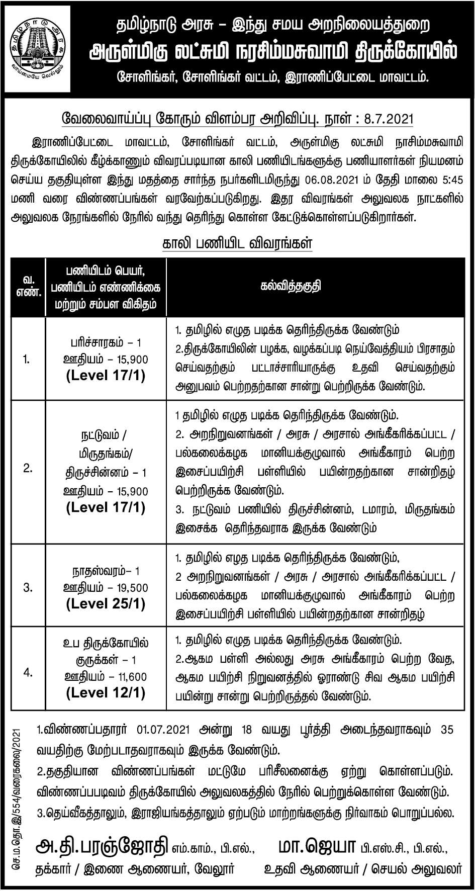 TNHRCE Lakshmi Narayana Temple Recruitment 2021