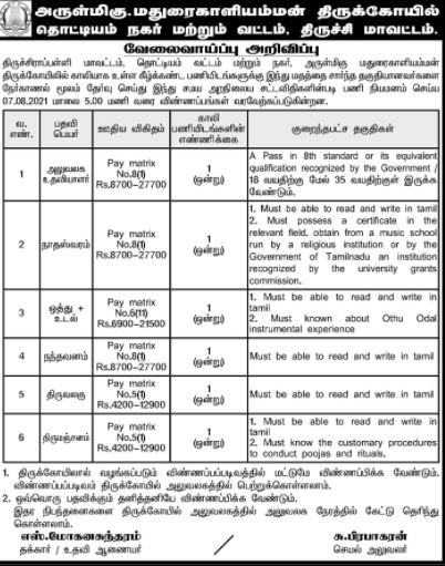 TNHRCE Madhurakaliamman Temple Recruitment 2021