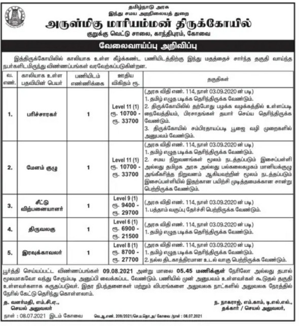 TNHRCE Mariamman Temple Recruitment 2021