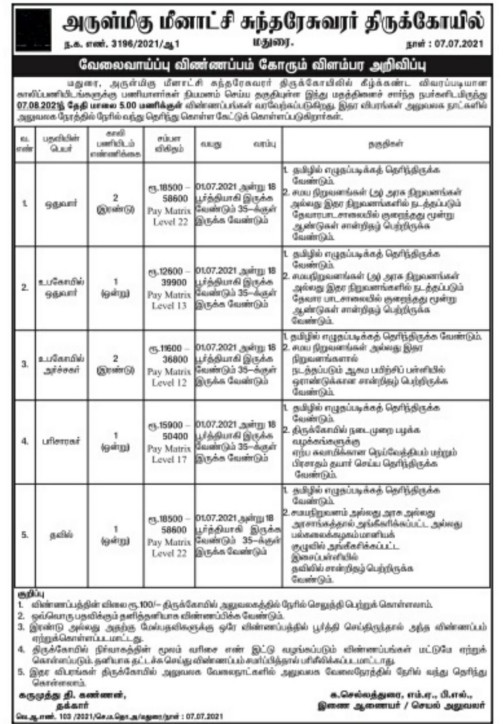 TNHRCE Meenakshi Sundareswarar Temple Recruitment 2021