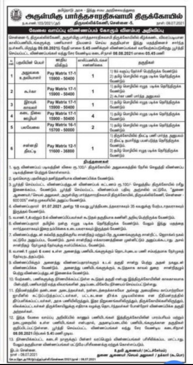 TNHRCE Parthasarathyswamy Temple Recruitment 2021