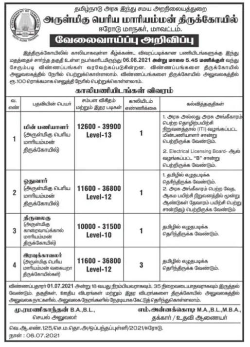 TNHRCE Periya Mariamman Temple Recruitment 2021