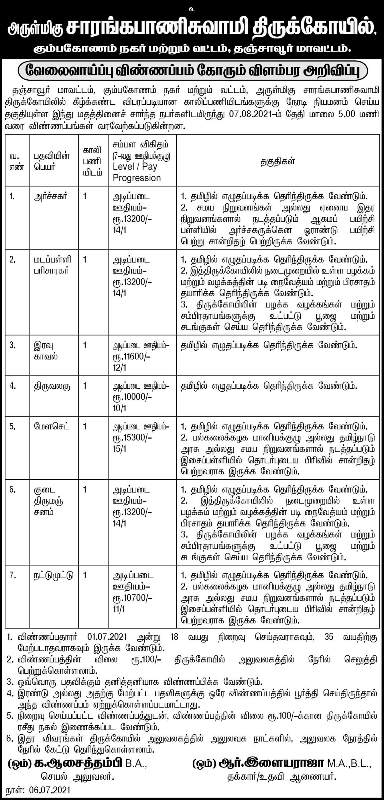 TNHRCE Sarangapani Swamy Temple Recruitment 2021