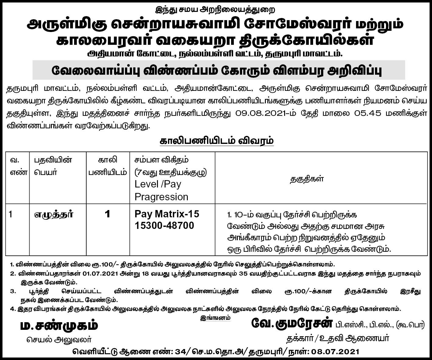 TNHRCE Sendraya Swami Temple Recruitment 2021