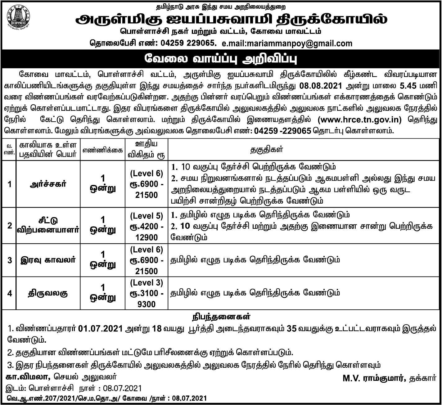 Tnhrce Sree Ayyappan Temple Recruitment 2021