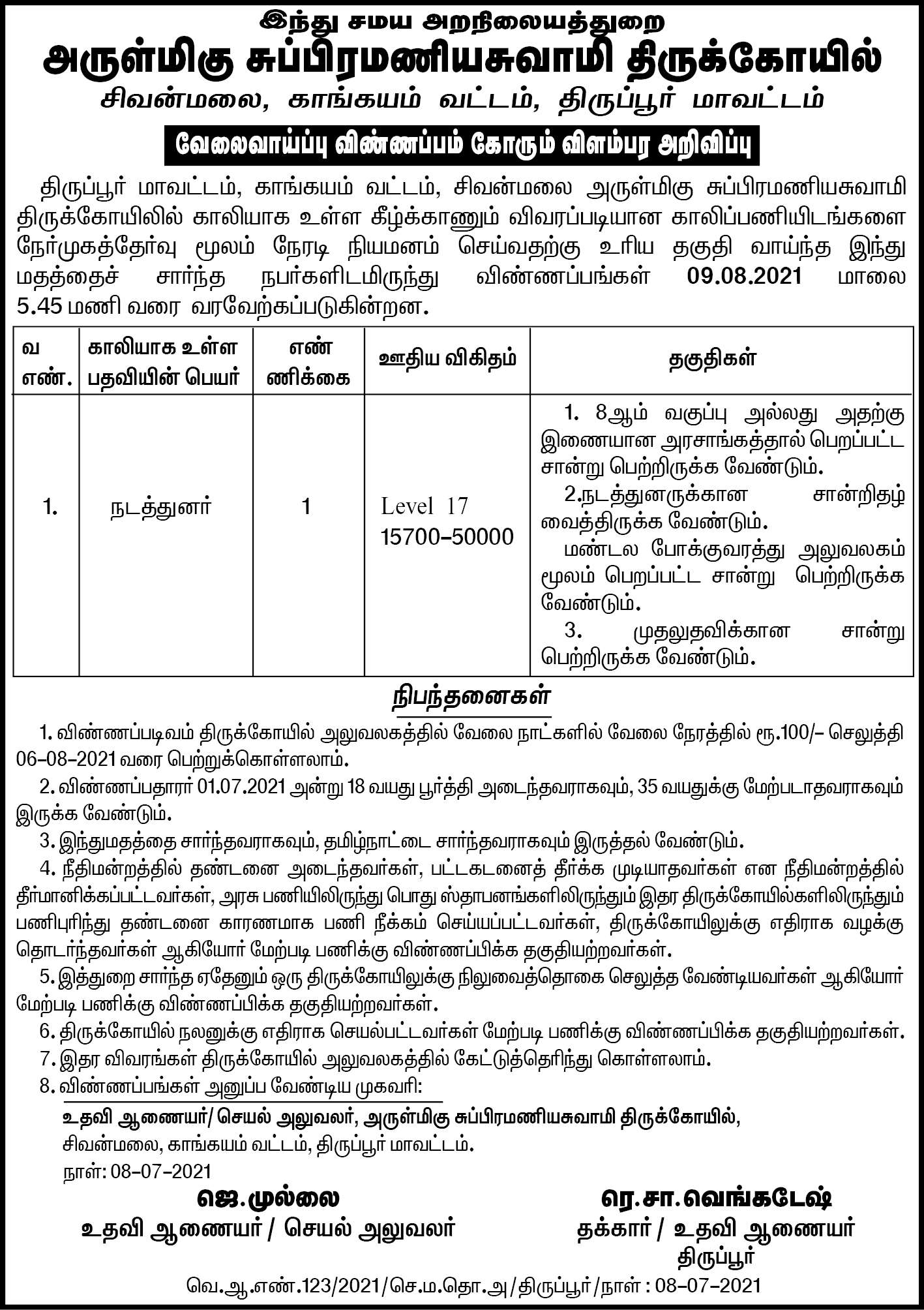 TNHRCE Subramania Swamy Temple Recruitment 2021