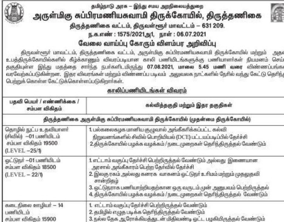 Tnhrce Subramaniya Swami Temple Recruitment 2021