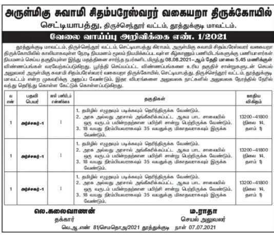 TNHRCE Subramanya Swamy Temple Recruitment 2021