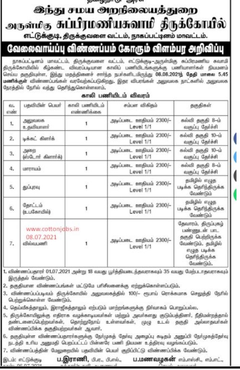 TNHRCE Subramanya Swamy Temple Recruitment 2021