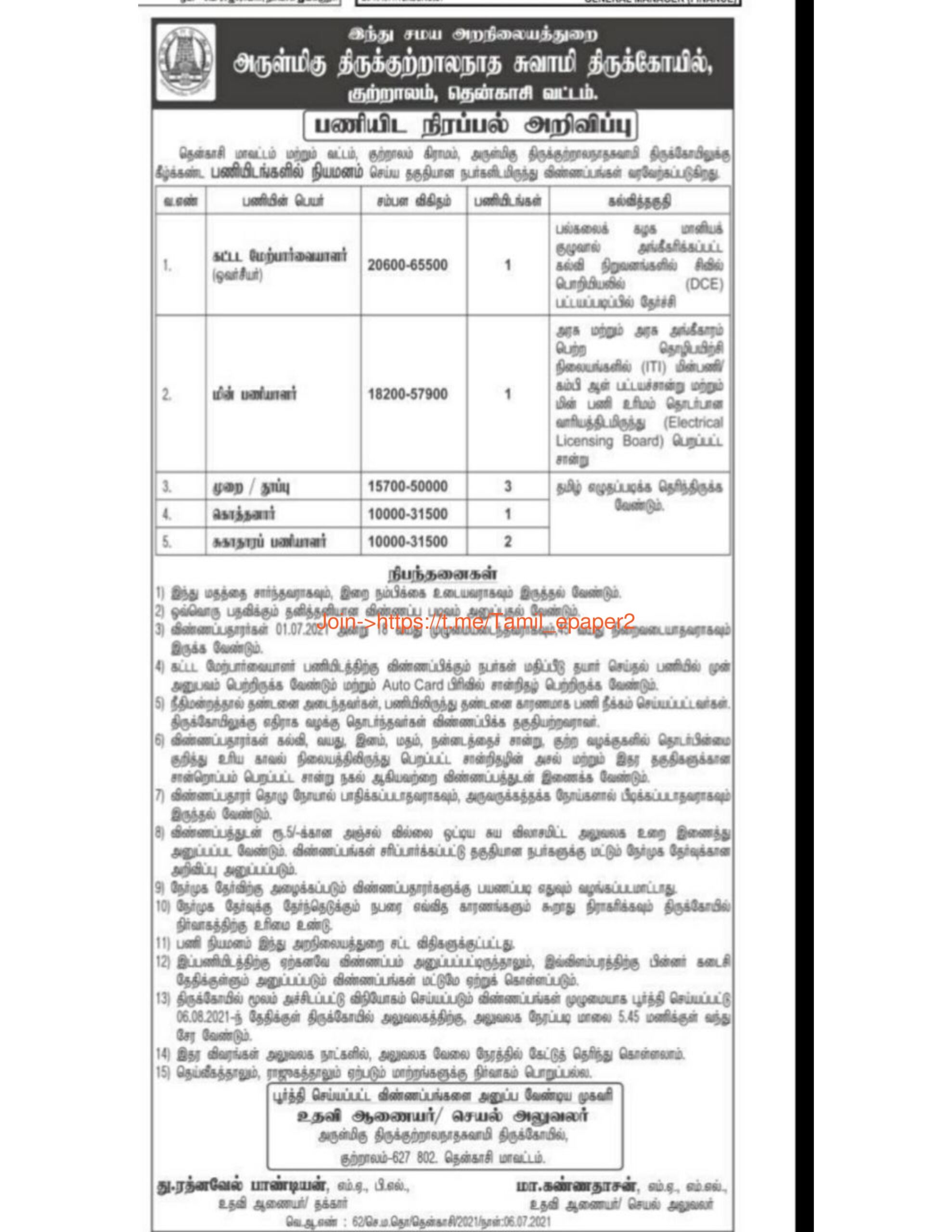 TNHRCE Thirukkutralanathasamy Temple Recruitment 2021