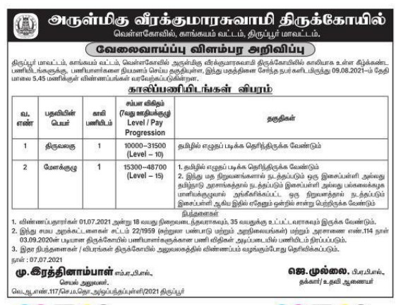 TNHRCE Veerakumar Swamy Temple Recruitment 2021