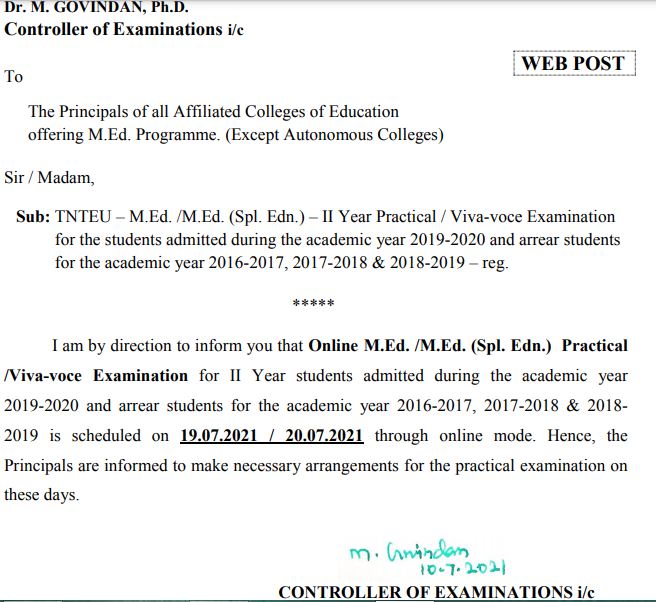 TNTEU M.ED Exam Time Table 2021