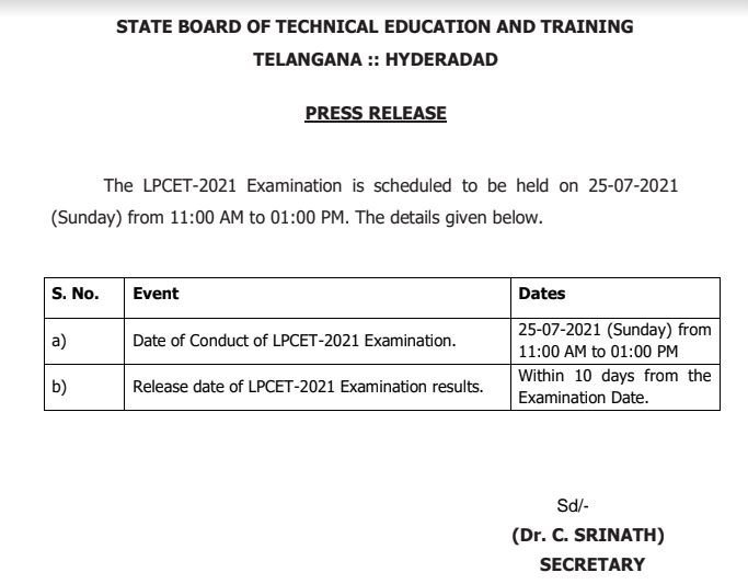 TS LPCET 2021 Exam Date