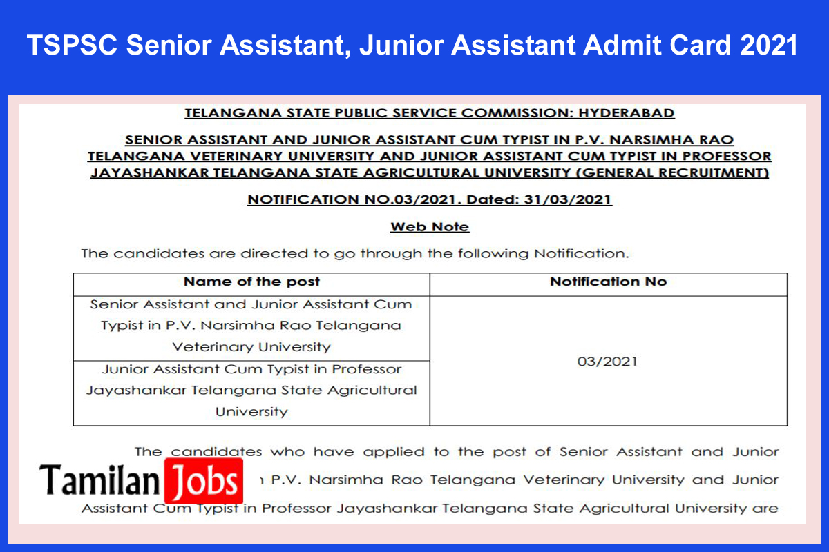 TSPSC Senior Assistant, Junior Assistant Admit Card 2021