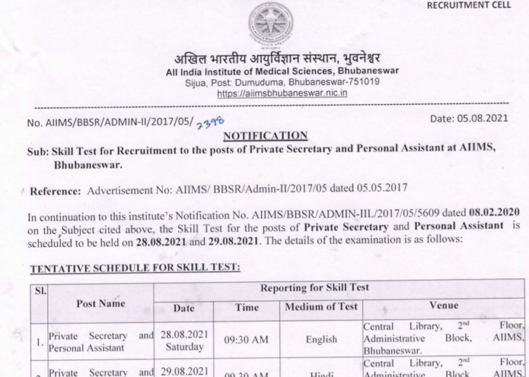 AIIMS Bhubaneswar Skill Test Schedule 2021