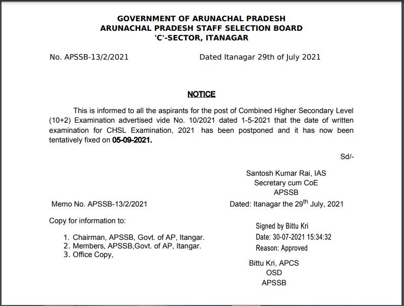 APSSB CHSL Exam Date 2021