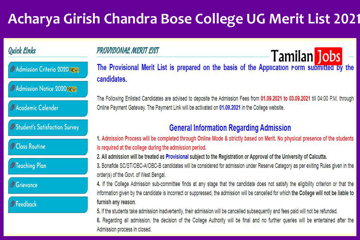 Acharya Girish Chandra Bose College UG Merit List 2021