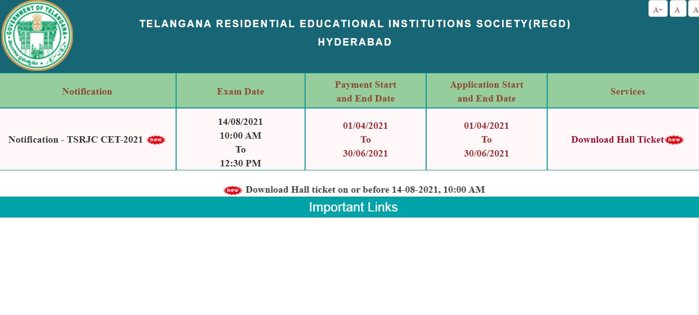 TSRJC CET Hall Ticket 2021