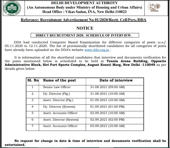 DDA Assistant Director Interview Schedule 2021