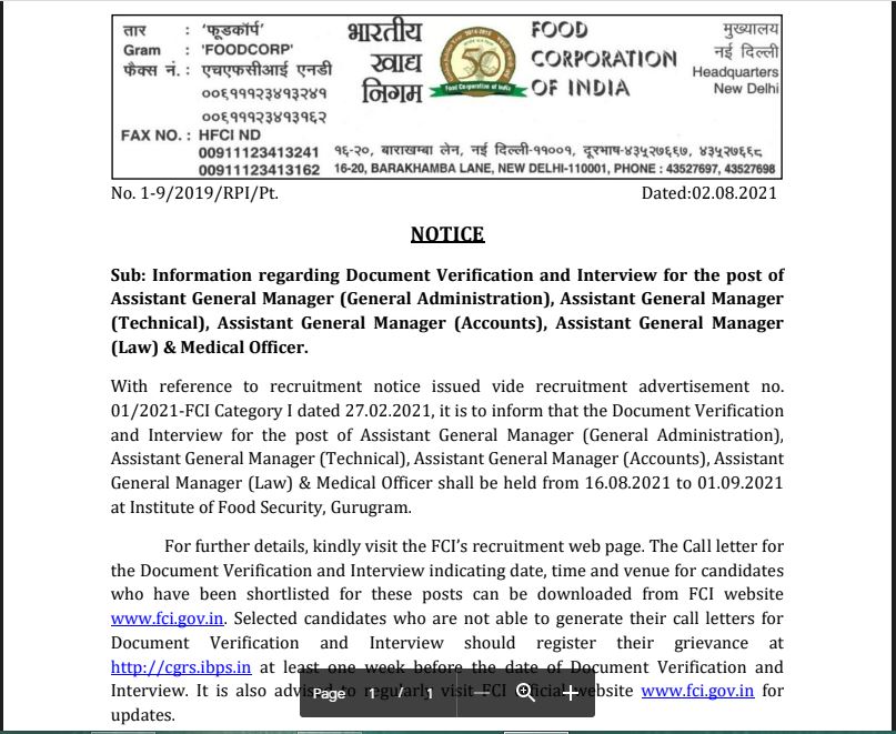 FCI AGM Interview Date 2021