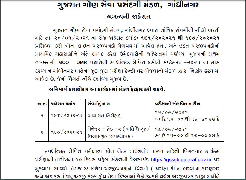 GSSSB Sub Accountant Exam Date 2021