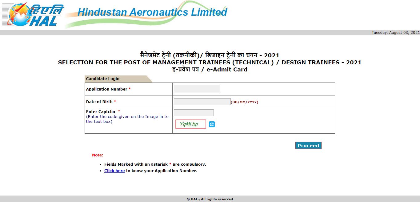 HAL Design Trainee, Management Trainee Admit Card 2021