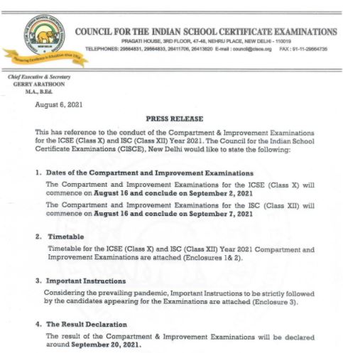 ICSE & ISC Compartment Improvement Exam Time Table 2021