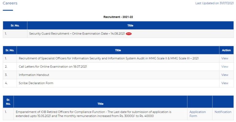 Indian Overseas Bank Security Guard Exam Date 2021
