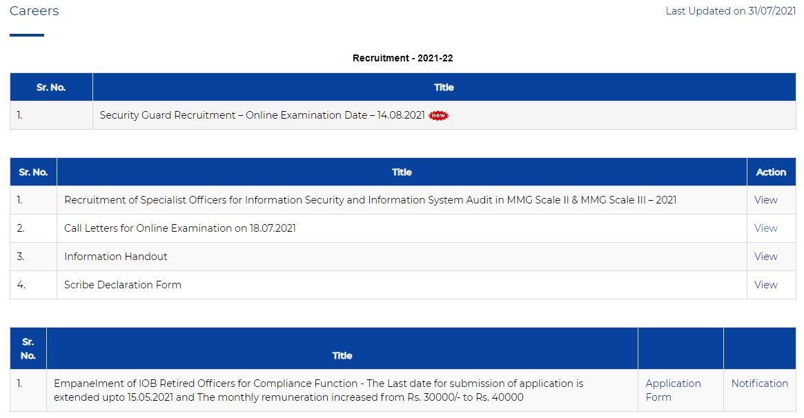 Indian Overseas Bank Security Guard Exam Date 2021