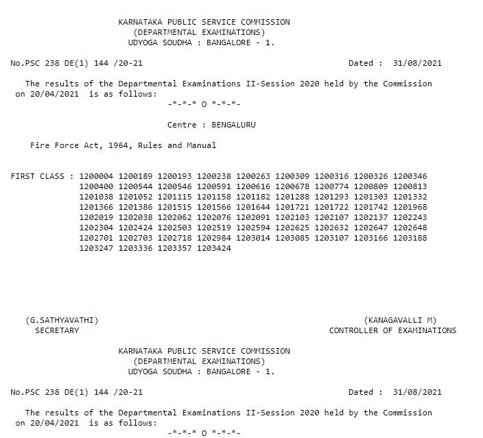 KPSC Departmental Exam Result 2021