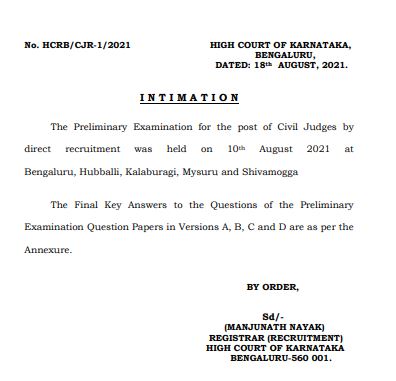Karnataka High Court Civil Judge Final Answer Key 2021