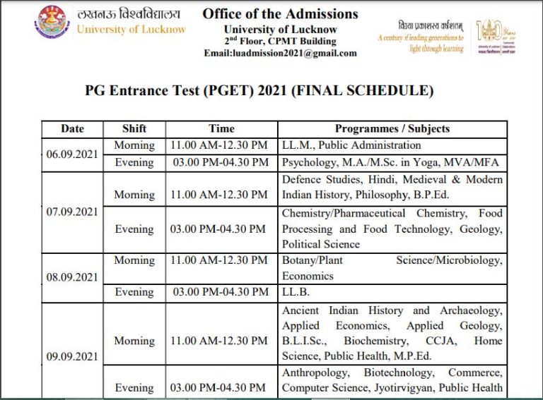 Lucknow University M.Ed Entrance Exam Date 2021