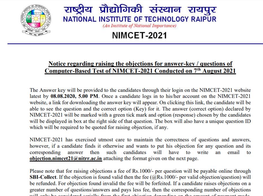 NIMCET 2021 Answer Key