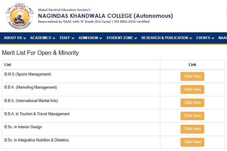 NL College Merit List 2021